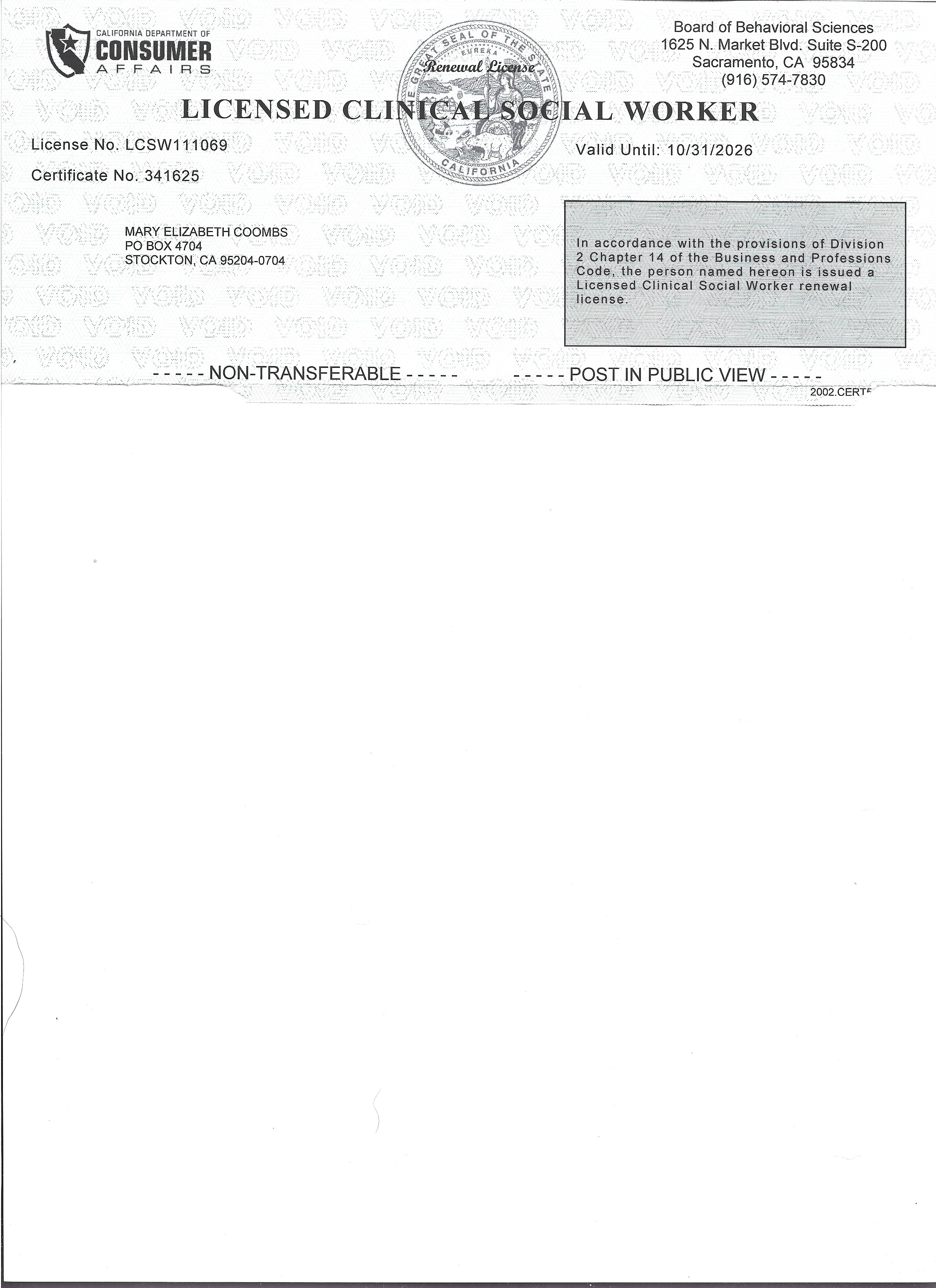 Licenses and Certs β Mary Coombs, LCSW